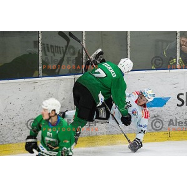 Luka Zorko in action during Alps league ice hockey match between HK SZ Olimpija and Rittner Buam , Tivoli hall, Ljubljana, Slovenia on September 29, 2018