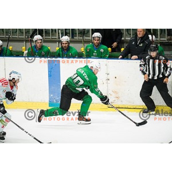 Anej Kujavec in action during Alps league ice hockey match between HK SZ Olimpija and Rittner Buam , Tivoli hall, Ljubljana, Slovenia on September 29, 2018