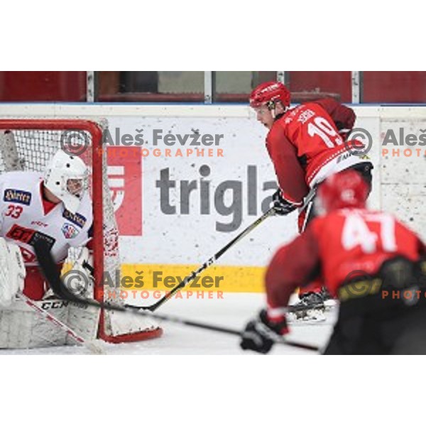 of Jesenice in action during Alps League ice-hockey match between Jesenice and KAC 2 in Podmezakla Hall, Jesenice, Slovenia on October 3, 2018