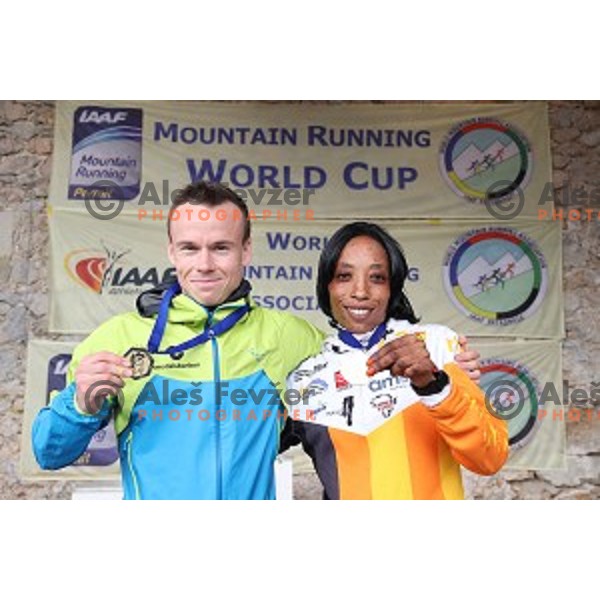 Johan Bugge (NOR) and Lucy Murigi (KEN) during the 39.Smarna gora race, WMRA World Cup Final, Ljubljana, Slovenia on October 6, 2018