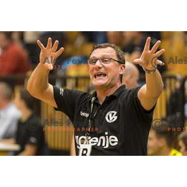 Zoran Jovicic, head coach of Gorenje in action during EHF league Qualifyer handball match between Gorenje and Gwardia Opole in Red Hall, Velenje on October 7, 2018
