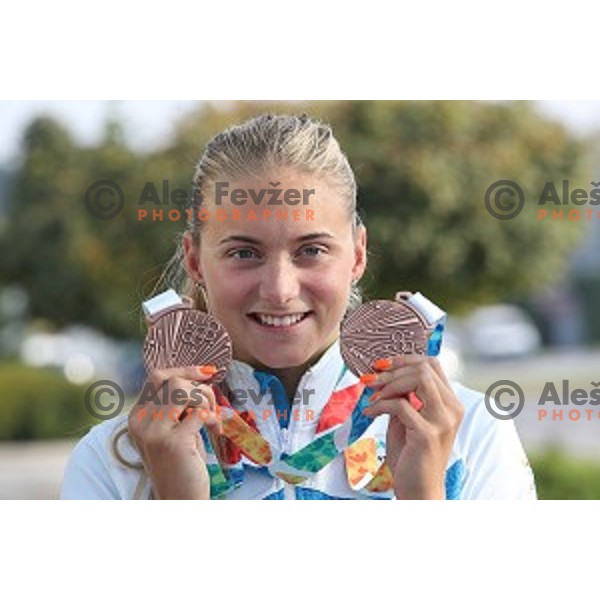Neza Klancar of Slovenia Youth Olympic team from Buenos Aires Youth Olympic games at Ljubljana Airport on October 20, 2018