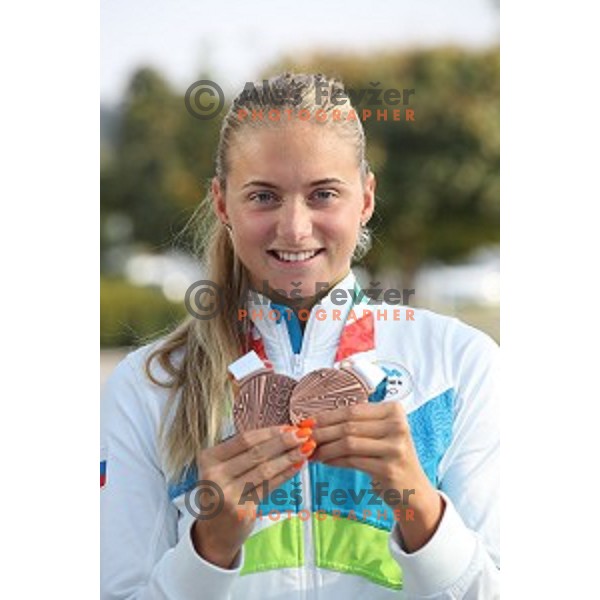 Neza Klancar of Slovenia Youth Olympic team from Buenos Aires Youth Olympic games at Ljubljana Airport on October 20, 2018