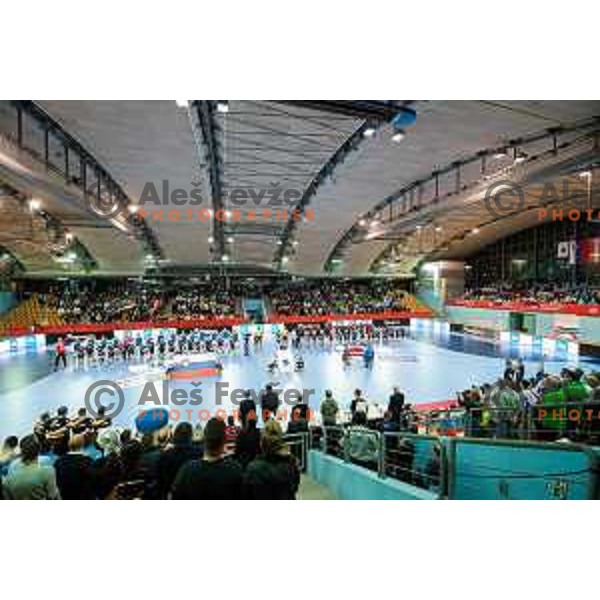 Players of Slovenia and Latvia prior to handball match between Slovenia and Latvia, Round 1 of European Championship 2020 qualifier, played in Lukna, Maribor, Slovenia on October 24, 2018