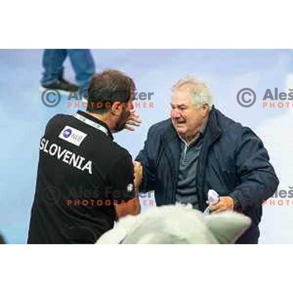 Veselin Vujovic and Milovanovic prior to handball match between Slovenia and Latvia, Round 1 of European Championship 2020 qualifier, played in Lukna, Maribor, Slovenia on October 24, 2018