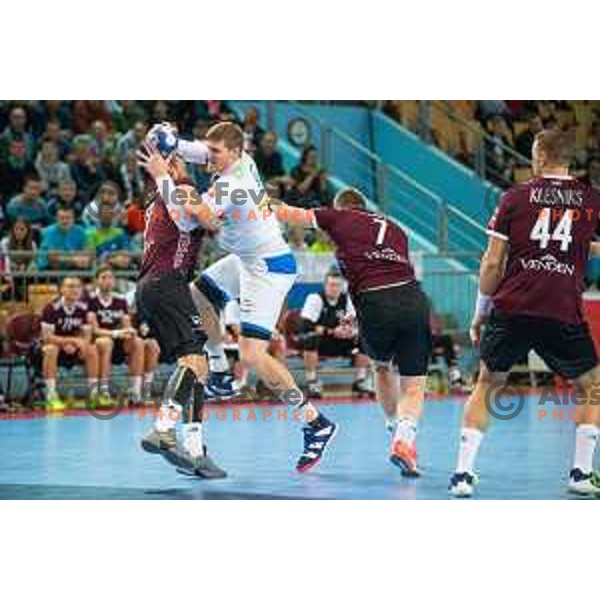 in action during handball match between Slovenia and Latvia, Round 1 of European Championship 2020 qualifier, played in Lukna, Maribor, Slovenia on October 24, 2018