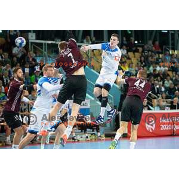 in action during handball match between Slovenia and Latvia, Round 1 of European Championship 2020 qualifier, played in Lukna, Maribor, Slovenia on October 24, 2018