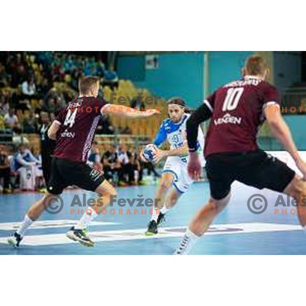 in action during handball match between Slovenia and Latvia, Round 1 of European Championship 2020 qualifier, played in Lukna, Maribor, Slovenia on October 24, 2018