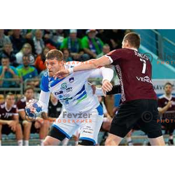 in action during handball match between Slovenia and Latvia, Round 1 of European Championship 2020 qualifier, played in Lukna, Maribor, Slovenia on October 24, 2018