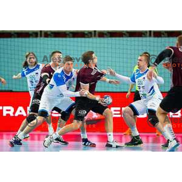 in action during handball match between Slovenia and Latvia, Round 1 of European Championship 2020 qualifier, played in Lukna, Maribor, Slovenia on October 24, 2018