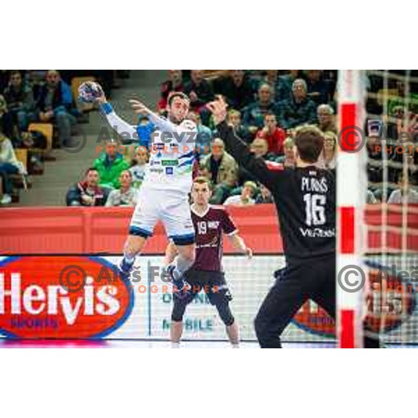 in action during handball match between Slovenia and Latvia, Round 1 of European Championship 2020 qualifier, played in Lukna, Maribor, Slovenia on October 24, 2018