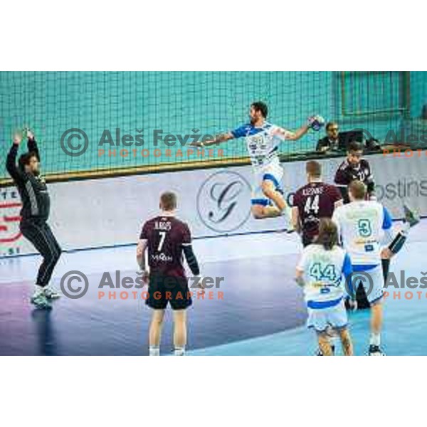 in action during handball match between Slovenia and Latvia, Round 1 of European Championship 2020 qualifier, played in Lukna, Maribor, Slovenia on October 24, 2018