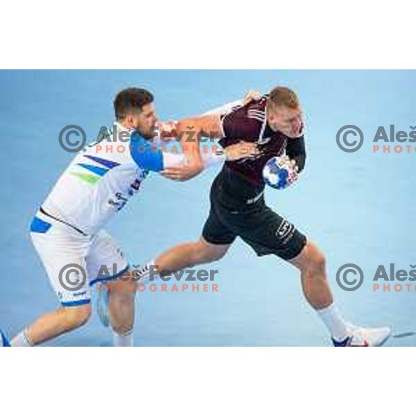 in action during handball match between Slovenia and Latvia, Round 1 of European Championship 2020 qualifier, played in Lukna, Maribor, Slovenia on October 24, 2018