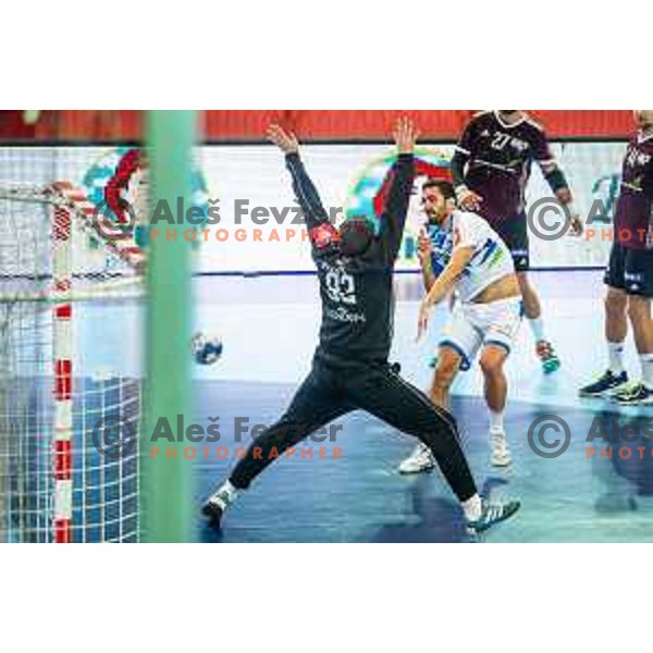 in action during handball match between Slovenia and Latvia, Round 1 of European Championship 2020 qualifier, played in Lukna, Maribor, Slovenia on October 24, 2018