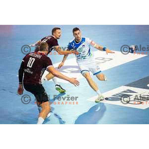 in action during handball match between Slovenia and Latvia, Round 1 of European Championship 2020 qualifier, played in Lukna, Maribor, Slovenia on October 24, 2018
