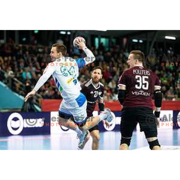 in action during handball match between Slovenia and Latvia, Round 1 of European Championship 2020 qualifier, played in Lukna, Maribor, Slovenia on October 24, 2018