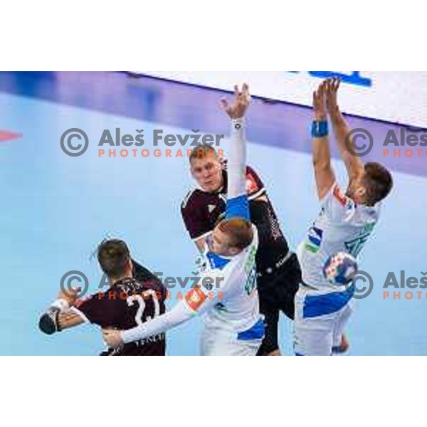 in action during handball match between Slovenia and Latvia, Round 1 of European Championship 2020 qualifier, played in Lukna, Maribor, Slovenia on October 24, 2018