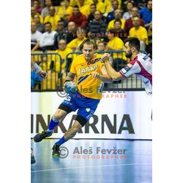William Accambray in action during handball match between Celje PL and HC Motor Zaporozhye, Velux EHF Champions League 2018/19, played in Zlatorog Arena, Celje, Slovenia on November 4, 2018