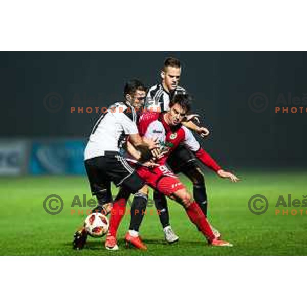 Alen Kozar, Anton Rogina in action during soccer match between Aluminij and Mura, Round 15 of PLTS 2018/19, played in Sportni park Kidricevo, Slovenia on November 4, 2018