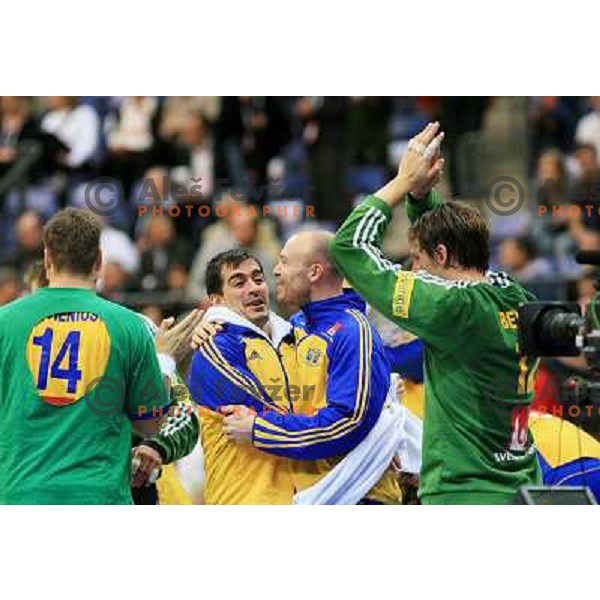 Norway, Lillehammer, 26/01/2008. Sweedish team cheering after winning the European Handball Championship 5/6 ranking match against Norway.