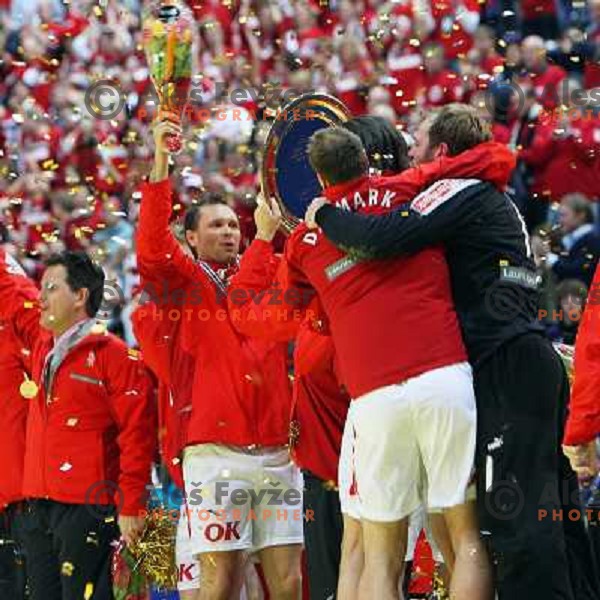 Norway, Lillehammer, 27/01/2008. Lars CHRISTIANSEN (4) and the rest of the danish team on the podium awarded with the throphy as champions after European Handball Championship final match Denmark - Croatia.