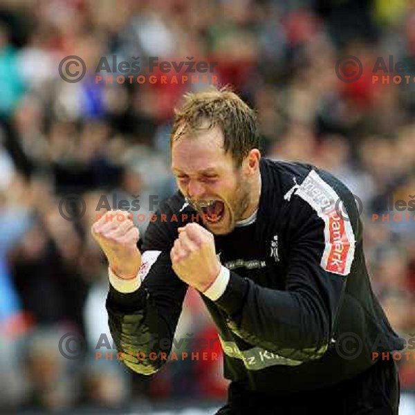 Norway, Lillehammer, 27/01/2008. Kasper HVIDT (1) cheering during European Handball Championship final match Denmark - Croatia.