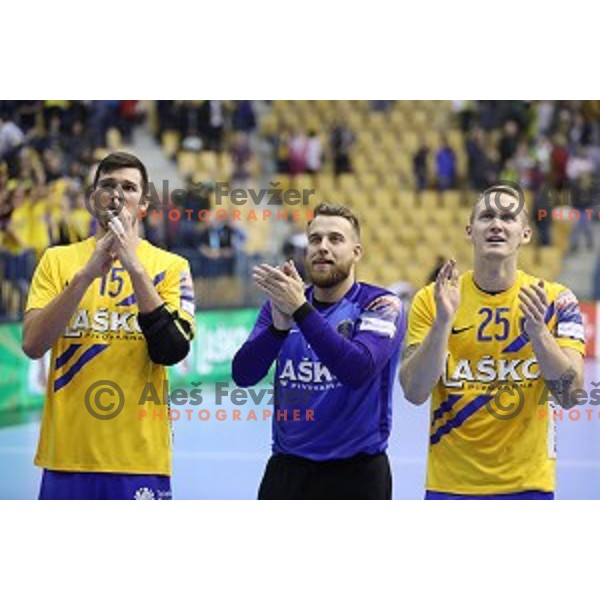 Drasko Nenadic, Aljaz Panjtar, Tilen Kodrin in action during handball match between Celje Pivovarna Lasko (SLO) and Zagreb (CRO) in Velux EHF Champions League 2018/19, played in Zlatorog Arena, Celje, Slovenia on November 18, 2018