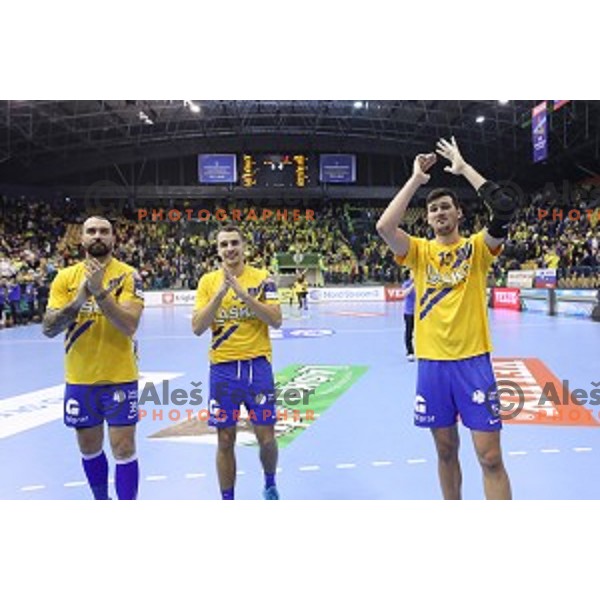 Igor Anic, Jan Jurecic and Drasko Nenadic during handball match between Celje Pivovarna Lasko (SLO) and Zagreb (CRO) in Velux EHF Champions League 2018/19, played in Zlatorog Arena, Celje, Slovenia on November 18, 2018