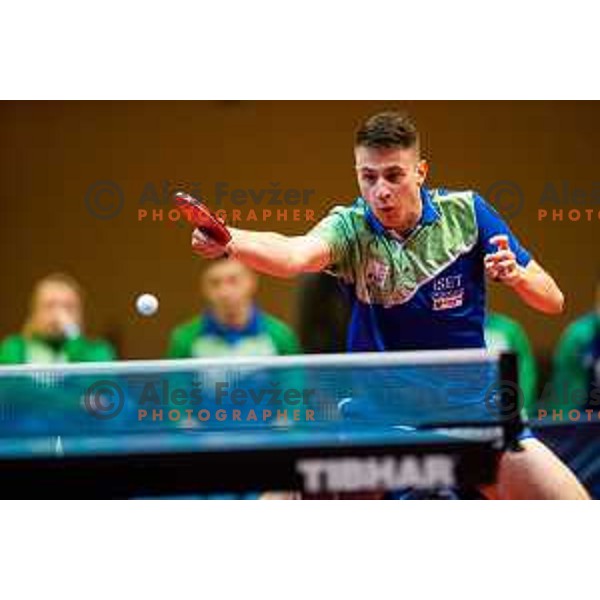 Deni Kozul of Slovenia in action during table tennis European Championship 2019 qualifier match between Slovenia and Romania, played in Sports venue Osnovna sola 3, Murska Sobota, Slovenia on November 20, 2018