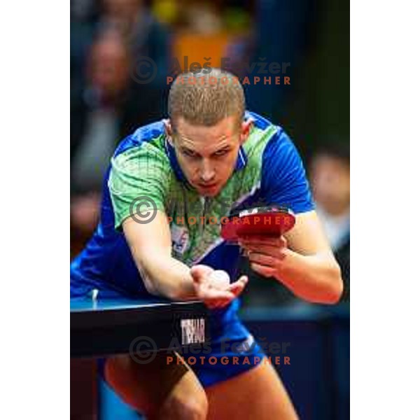 Jan Zibrat of Slovenia in action during table tennis European Championship 2019 qualifier match between Slovenia and Romania, played in Sports venue Osnovna sola 3, Murska Sobota, Slovenia on November 20, 2018