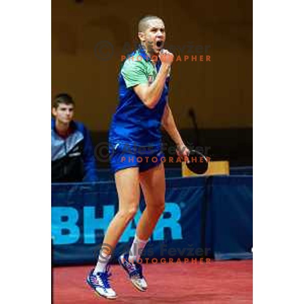 Jan Zibrat of Slovenia celebrating during the table tennis European Championship 2019 qualifier match between Slovenia and Romania, played in Sports venue Osnovna sola 3, Murska Sobota, Slovenia on November 20, 2018