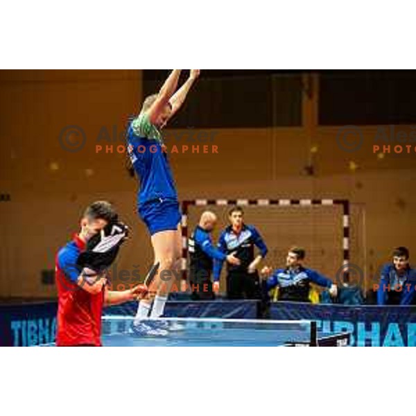 Jan Zibrat of Slovenia celebrating victory after the table tennis European Championship 2019 qualifier match between Slovenia and Romania, played in Sports venue Osnovna sola 3, Murska Sobota, Slovenia on November 20, 2018