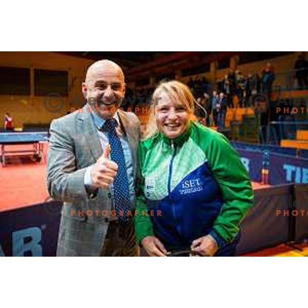 Marjan Hribar, president of Slovenian Table tennis Federation and Andreja Ojstersek Urh, head coach of Slovenia after the table tennis European Championship 2019 qualifier match between Slovenia and Romania, played in Sports venue Osnovna sola 3, Murska Sobota, Slovenia on November 20, 2018