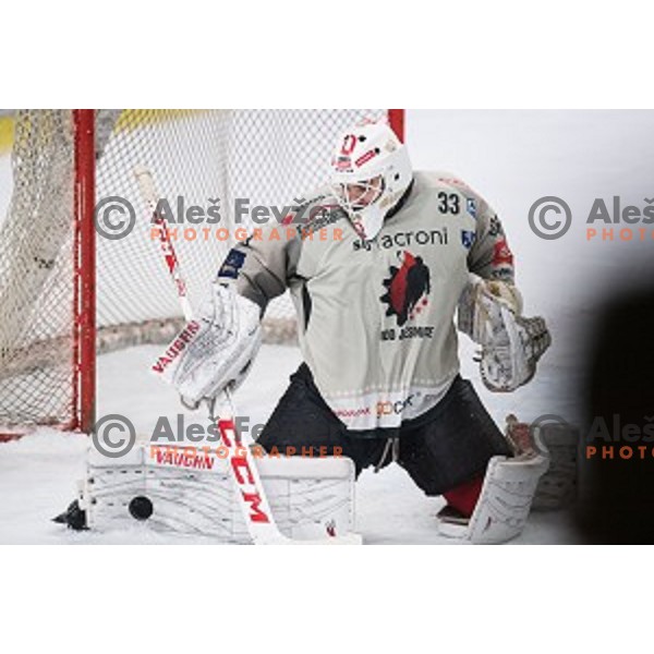 Clarke Saunders in action during Alps league ice hockey match between HK SZ Olimpija and Jesenice , Tivoli hall, Ljubljana, Slovenia on November 25, 2018