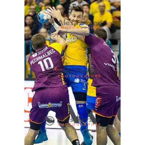Jaka Malus in action during handball match between Celje PL and Nantes, Velux EHF Champions League 2018/19, played in Zlatorog Arena, Celje, Slovenia on December 2, 2018