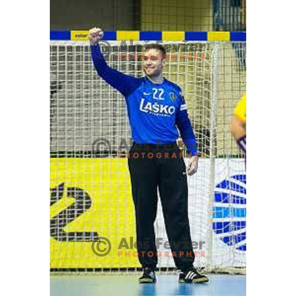 Klemen Ferlin celebrating during handball match between Celje PL and Nantes, Velux EHF Champions League 2018/19, played in Zlatorog Arena, Celje, Slovenia on December 2, 2018
