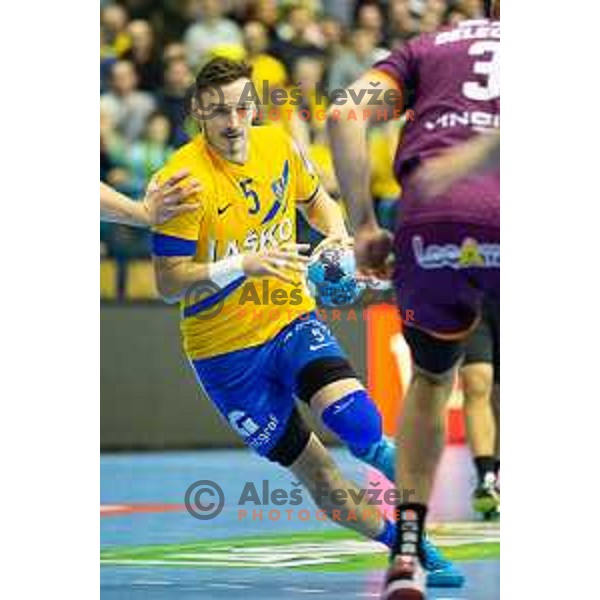Jaka Malus in action during handball match between Celje PL and Nantes, Velux EHF Champions League 2018/19, played in Zlatorog Arena, Celje, Slovenia on December 2, 2018