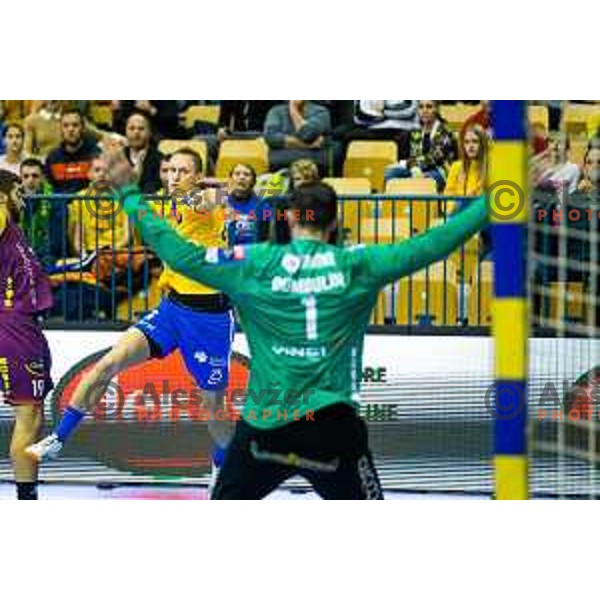 Tilen Kodrin in action during handball match between Celje PL and Nantes, Velux EHF Champions League 2018/19, played in Zlatorog Arena, Celje, Slovenia on December 2, 2018