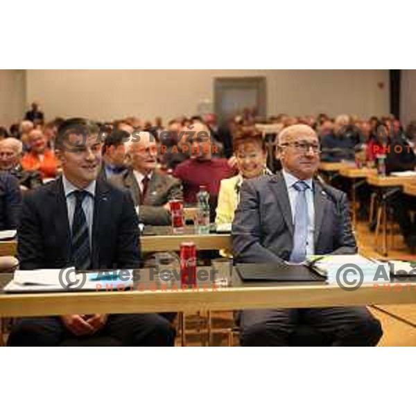 Janez Sodrznik and Bogdan Gabrovec who was re-elected as President of OKS for 4 next years at General Assembly of Slovenian Olympic Committee (OKS) in hotel Union, Ljubljana, Slovenia on December 16, 2018