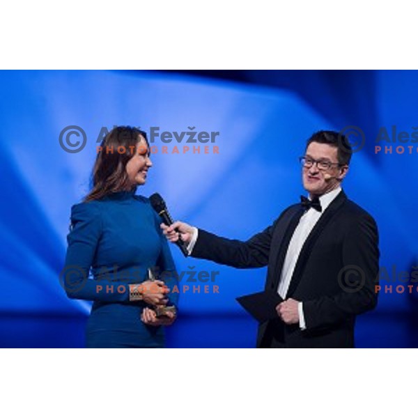Mother of Luka Doncic, Mirjam Poterbin receives his award at Sportsman of Slovenia in the year 2018, Gala-night in Cankarjev Dom, Ljubljana on December 19, 2018