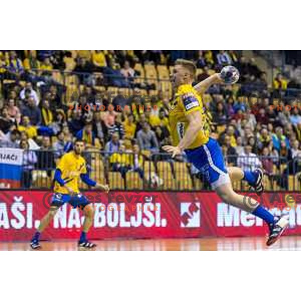 in action during handball match between Celje Pivovarna Lasko and Riko Ribnica in 1.NLB league, played in Arena Zlatorog, Celje Slovenia on December 23, 2018