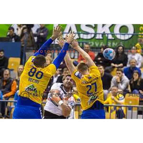 in action during handball match between Celje Pivovarna Lasko and Riko Ribnica in 1.NLB league, played in Arena Zlatorog, Celje Slovenia on December 23, 2018
