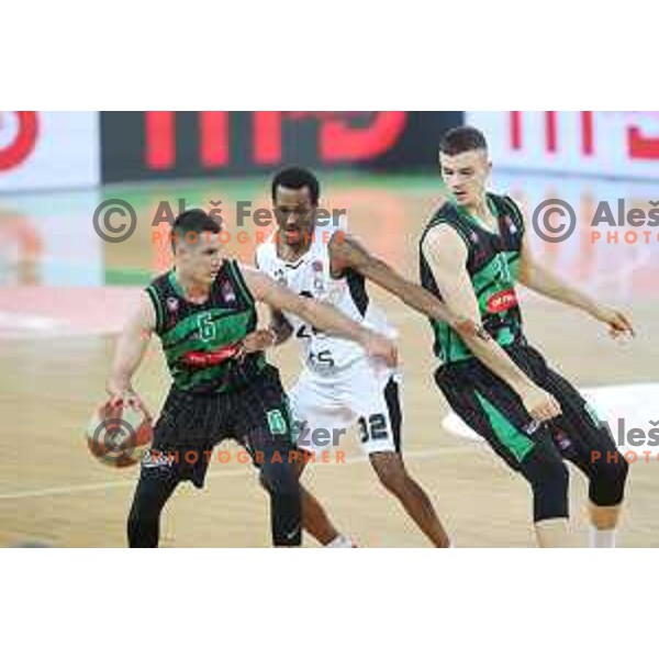 Jan Span, Alex Renfroe and Marko Simonovic in action during ABA league basketball match between Petrol Olimpija and Paetizan NIS in SRC Stozice, Ljubljana on December 29, 2018