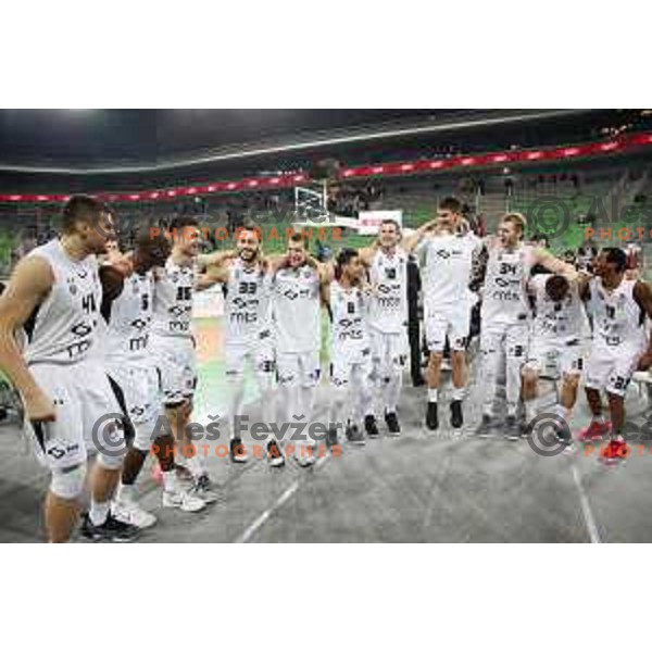 Players of Partizan celebrate victory at ABA league basketball match between Petrol Olimpija and Paetizan NIS in SRC Stozice, Ljubljana on December 29, 2018