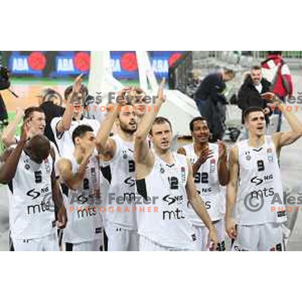 Players of Partizan celebrate victory at ABA league basketball match between Petrol Olimpija and Paetizan NIS in SRC Stozice, Ljubljana on December 29, 2018