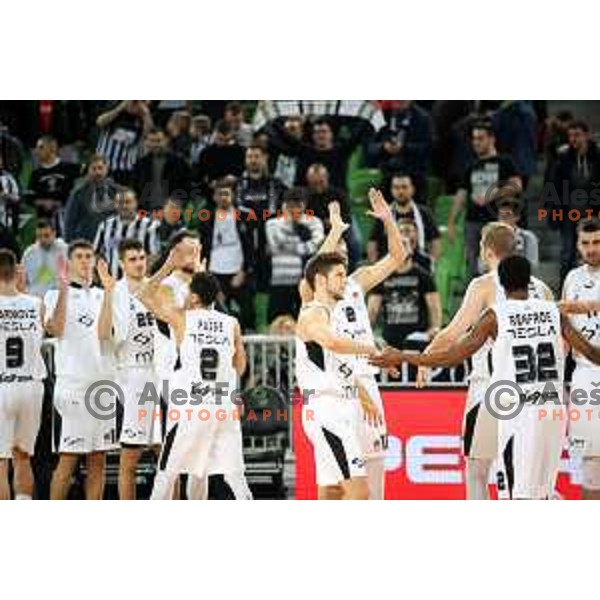Players of Partizan celebrate victory at ABA league basketball match between Petrol Olimpija and Paetizan NIS in SRC Stozice, Ljubljana on December 29, 2018