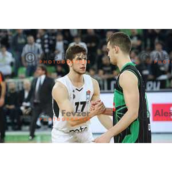 Aleksej Nikolic and Roko Badzim in action during ABA league basketball match between Petrol Olimpija and Paetizan NIS in SRC Stozice, Ljubljana on December 29, 2018