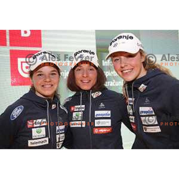 Alenka Cebasek, Eva Urevc and Anamarija Lampic at press conference of Slovenia Ski Nordic Team in Triglav Lab, Ljubljana, Slovenia on January 8, 2019