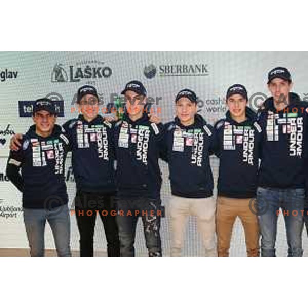 Jernej Damjan, Peter Prevc, Timi Zajc, Anze Lanisek, Tilen Bartol, Anze Semenic at press conference of Slovenia Ski Nordic Team in Triglav Lab, Ljubljana, Slovenia on January 8, 2019