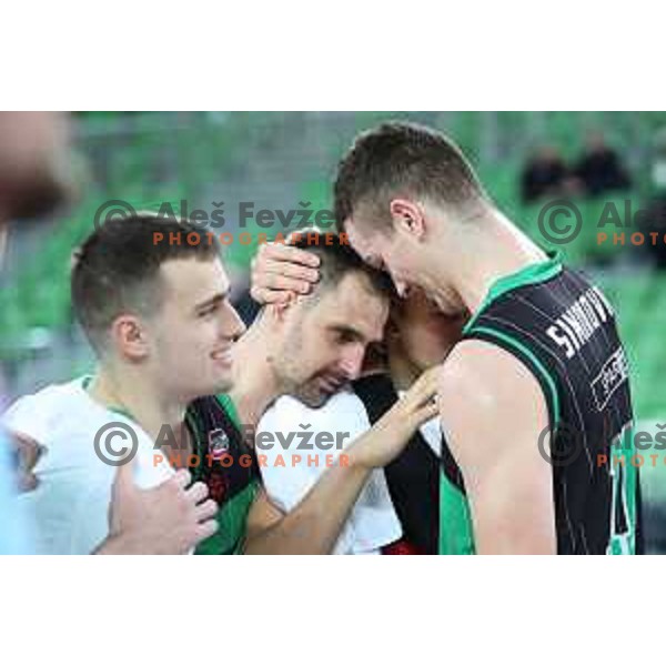 Domen Lorbek, Issuf Sanon and Marko Simonovic celebrate victory in ABA league basketball match between Petrol Olimpija and Mega Bamax in SRC Stozice, Ljubljana on January 13, 2019